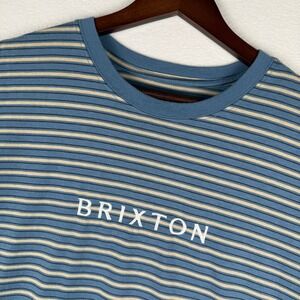 Brixton T Shirt Mens‎ L Standard Fit Blue Cream Stripe Short Sleeve Embroidered